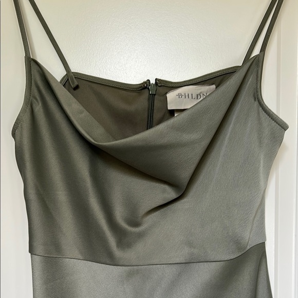BHLDN Anthropologie Cali Satin Cowl Neck Midi Slip Dress Size 6 Moss Green - Picture 4 of 11